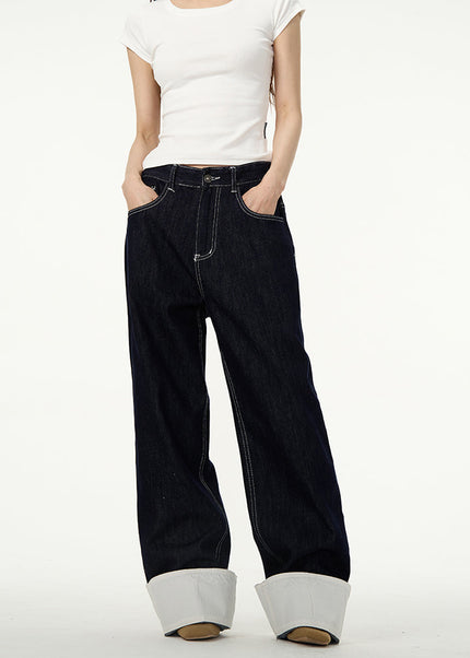 White Loose Straight-Leg Wide-Leg Couple Pants - Women’s Jeans
