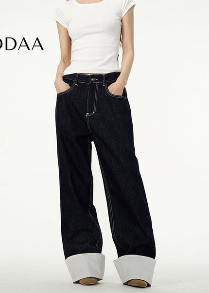 White Loose Straight-Leg Wide-Leg Couple Pants - XS / Dark Blue - Women’s Jeans