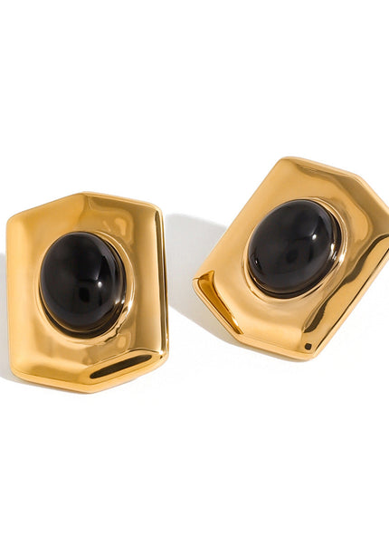 Jieding European and American stainless steel black agate geometric stud earrings retro classic light luxury earrings high-end heavy industry jewelry women