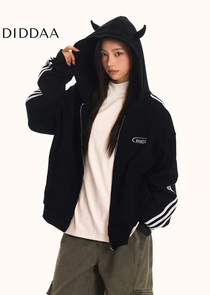 0123Start Devil’s Horn Hooded Sweatshirt Jacket Men’s and Women’s Loose American Retro Trendy Striped Sweatshirt - Maybe