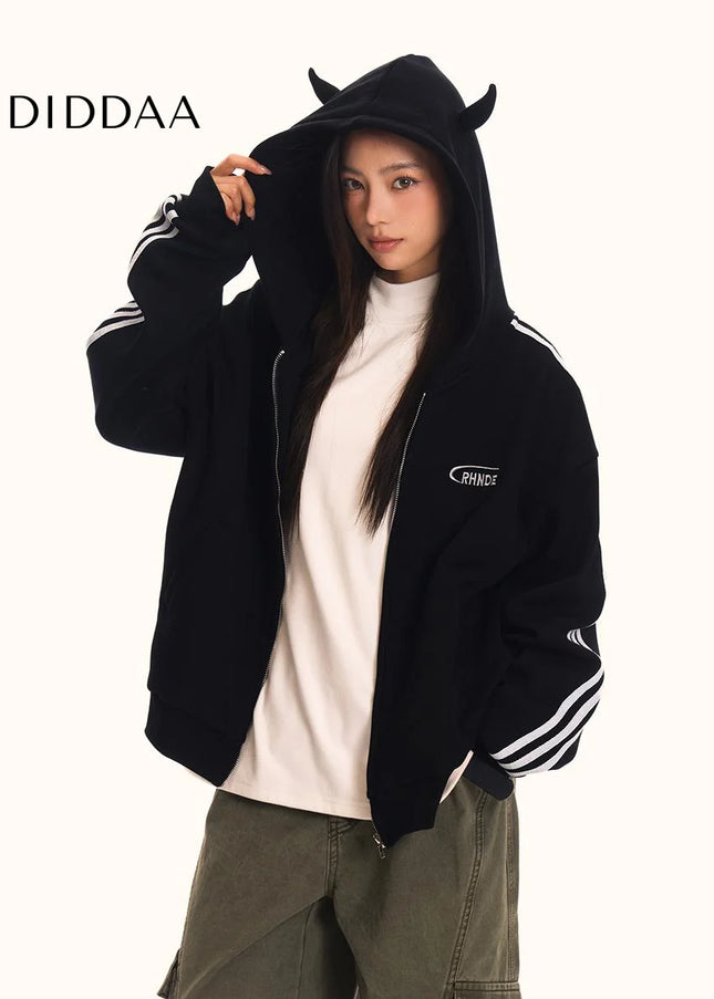 0123Start Devil’s Horn Hooded Sweatshirt Jacket Men’s and Women’s Loose American Retro Trendy Striped Sweatshirt - Maybe