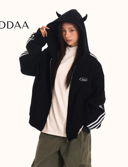 0123Start Devil’s Horn Hooded Sweatshirt Jacket Men’s and Women’s Loose American Retro Trendy Striped Sweatshirt - M