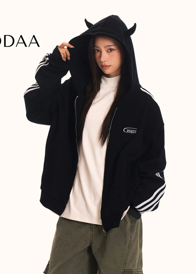 0123Start Devil’s Horn Hooded Sweatshirt Jacket Men’s and Women’s Loose American Retro Trendy Striped Sweatshirt - M