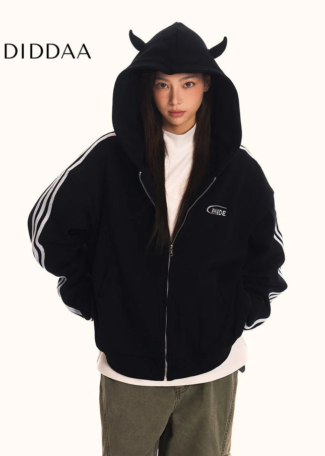 0123Start Devil’s Horn Hooded Sweatshirt Jacket Men’s and Women’s Loose American Retro Trendy Striped Sweatshirt - Maybe