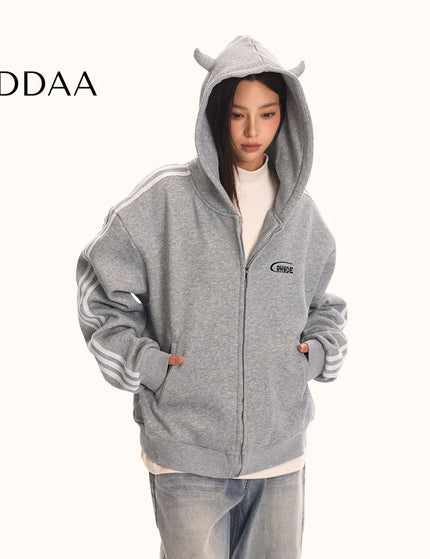 0123Start Devil’s Horn Hooded Sweatshirt Jacket Men’s and Women’s Loose American Retro Trendy Striped Sweatshirt - M