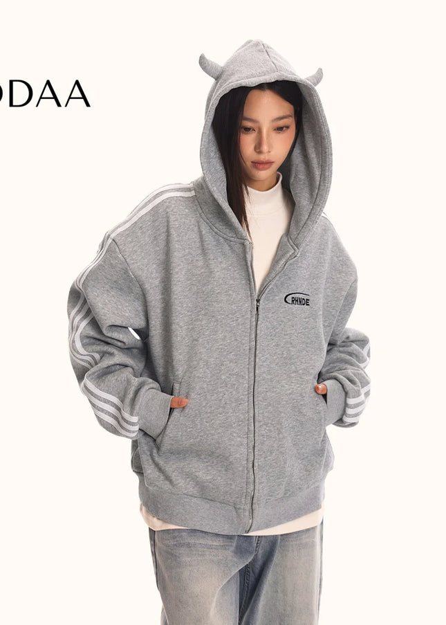 0123Start Devil’s Horn Hooded Sweatshirt Jacket Men’s and Women’s Loose American Retro Trendy Striped Sweatshirt - M