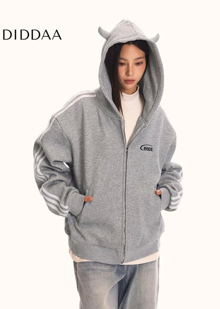 0123Start Devil’s Horn Hooded Sweatshirt Jacket Men’s and Women’s Loose American Retro Trendy Striped Sweatshirt - Maybe