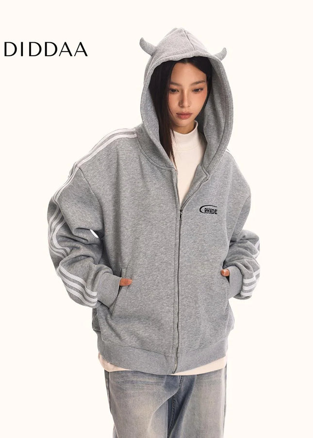 0123Start Devil’s Horn Hooded Sweatshirt Jacket Men’s and Women’s Loose American Retro Trendy Striped Sweatshirt - Maybe