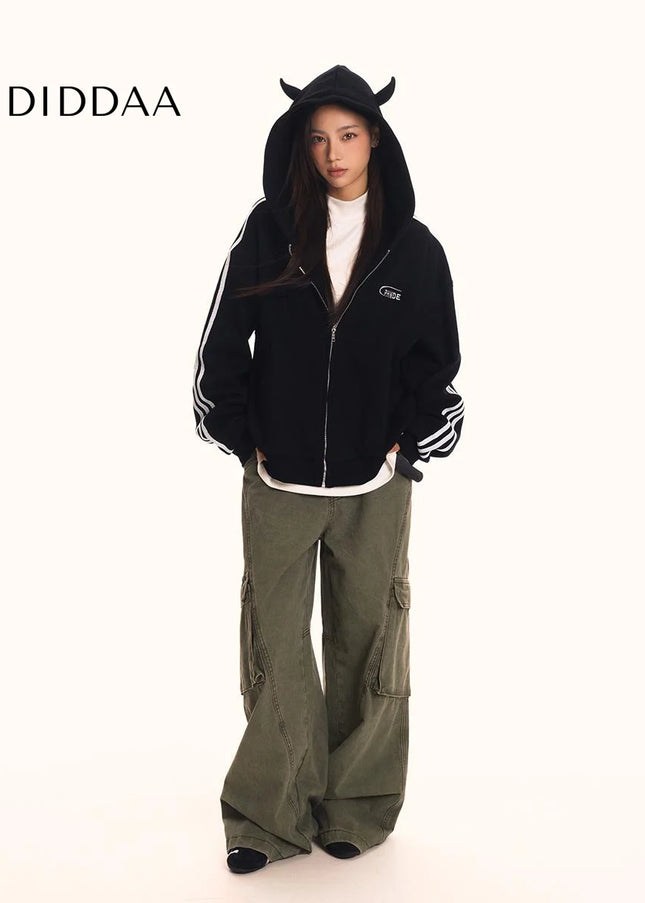 0123Start Devil’s Horn Hooded Sweatshirt Jacket Men’s and Women’s Loose American Retro Trendy Striped Sweatshirt - Maybe