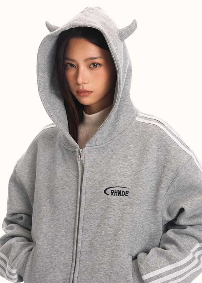 0123Start Devil’s Horn Hooded Sweatshirt Jacket Men’s and Women’s Loose American Retro Trendy Striped Sweatshirt - Maybe