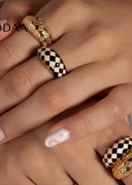 Charm Ring | Gold Black White Checker Ring - Rings