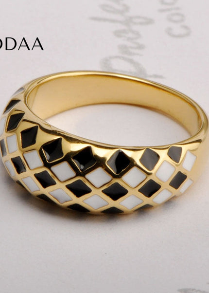 Charm Ring | Gold Black White Checker Ring - Rings