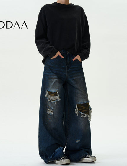 Camouflage Ripped Patch Jeans for Men and Women - S / Dark Blue - Men’s Jeans