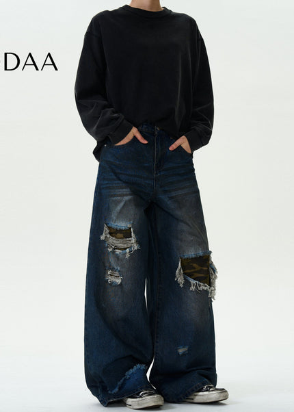 Camouflage Ripped Patch Jeans for Men and Women - S / Dark Blue - Men’s Jeans