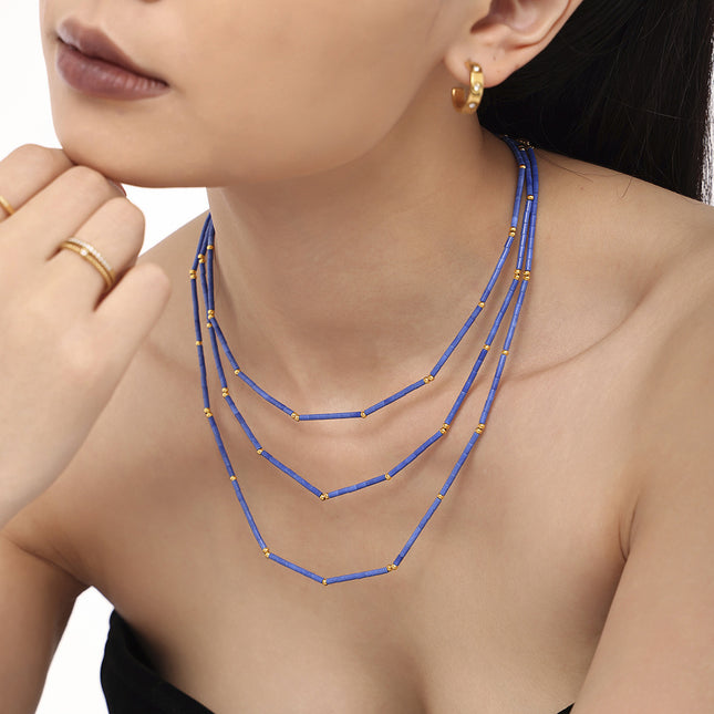 Mystery ins natural lapis lazuli beaded necklace stainless steel plated 18k gold niche European and American cross-border light luxury jewelry