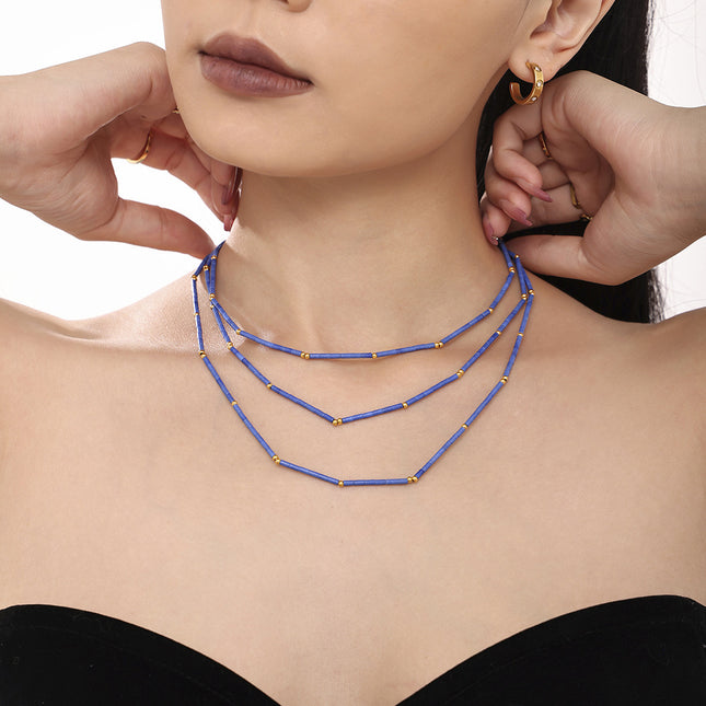Mystery ins natural lapis lazuli beaded necklace stainless steel plated 18k gold niche European and American cross-border light luxury jewelry