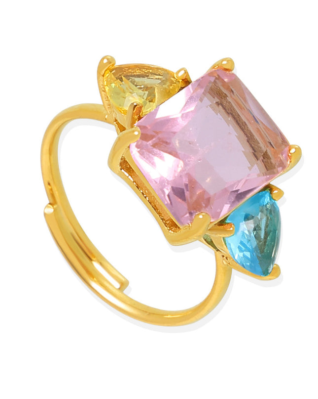 Dopamine Geometric Pink Aquamarine Zircon Ring Extra-Fine Opening Adjustment Titanium Steel PVD Plated 18K Gold Sweet Ring