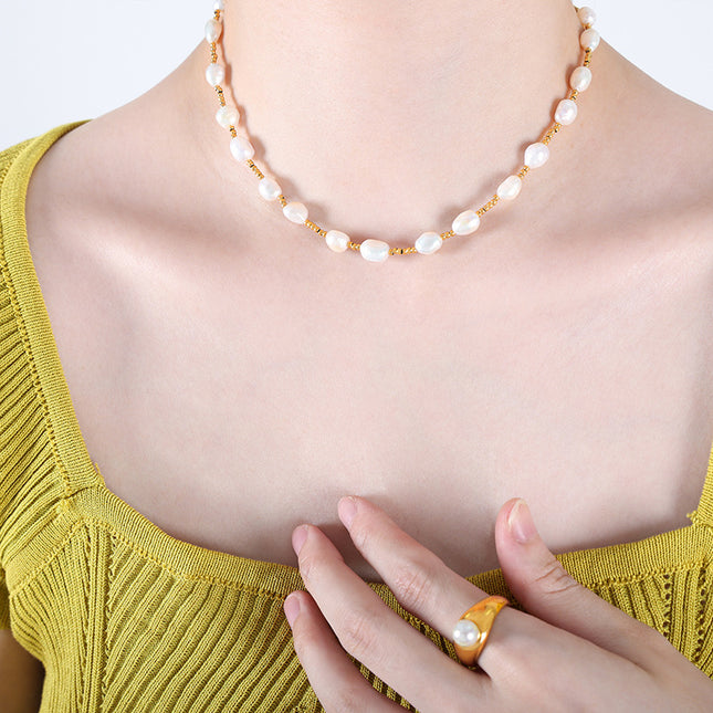 French titanium steel does not fade long romantic freshwater pearl necklace jewelry wholesale spacer steel beads beaded necklace women