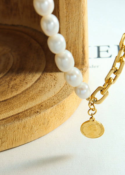 European and American hip-hop does not fade personality, double-sided can be worn freshwater pearl stitching titanium steel thick chain necklace non-fading jewelry