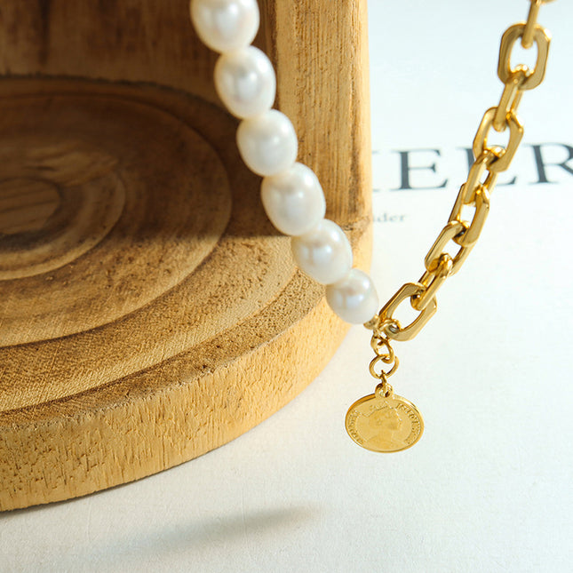 European and American hip-hop does not fade personality, double-sided can be worn freshwater pearl stitching titanium steel thick chain necklace non-fading jewelry