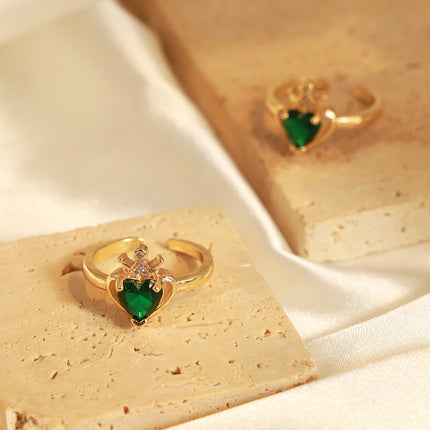 French new light luxury fashion versatile copper material heart zircon crown open ring jewelry retro personality women