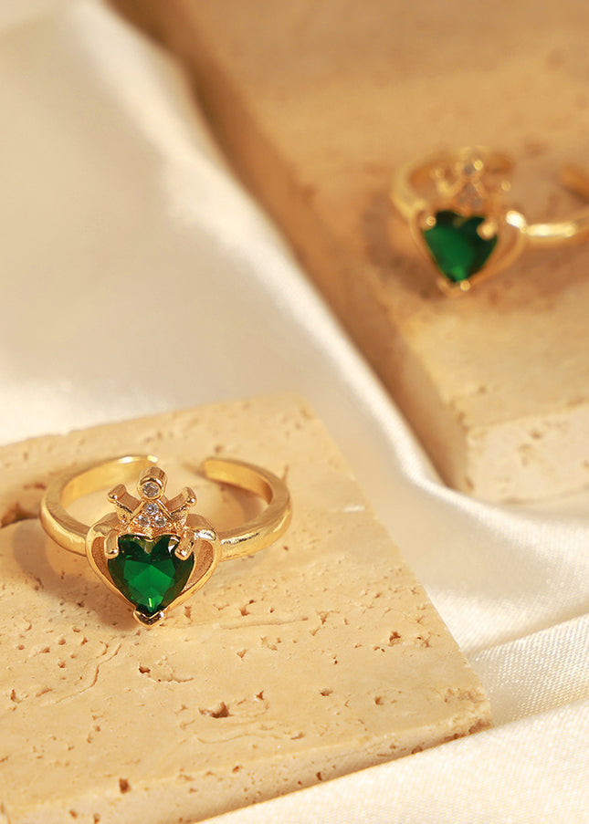 French new light luxury fashion versatile copper material heart zircon crown open ring jewelry retro personality women