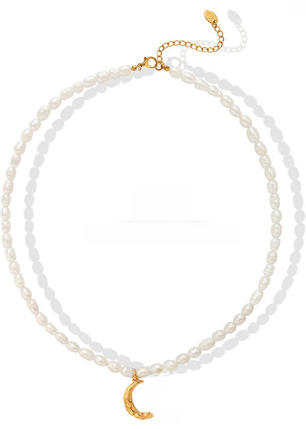 French Fashionable Natural Freshwater Pearl Clavicle Chain Titanium Steel Gold Plated Moon Pendant Necklace Personality Versatile Accessories