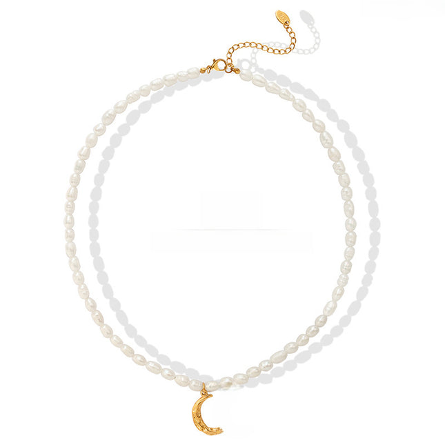 French Fashionable Natural Freshwater Pearl Clavicle Chain Titanium Steel Gold Plated Moon Pendant Necklace Personality Versatile Accessories