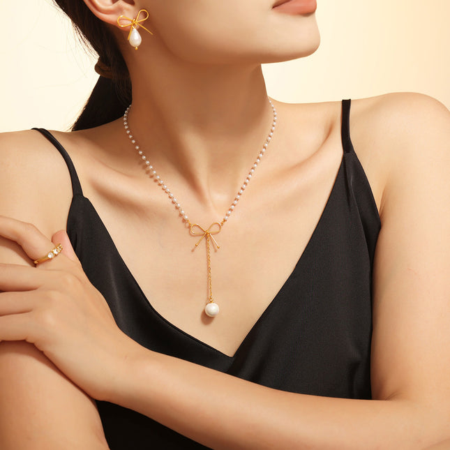 Fairy choker bow imitation pearl necklace ins cold style temperament simple luxury stainless steel clavicle chain