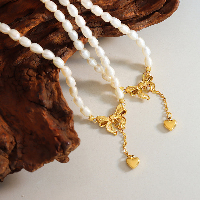 French princess with bow tassel love pendant freshwater pearl necklace elegant and fashionable non-fading jewelry
