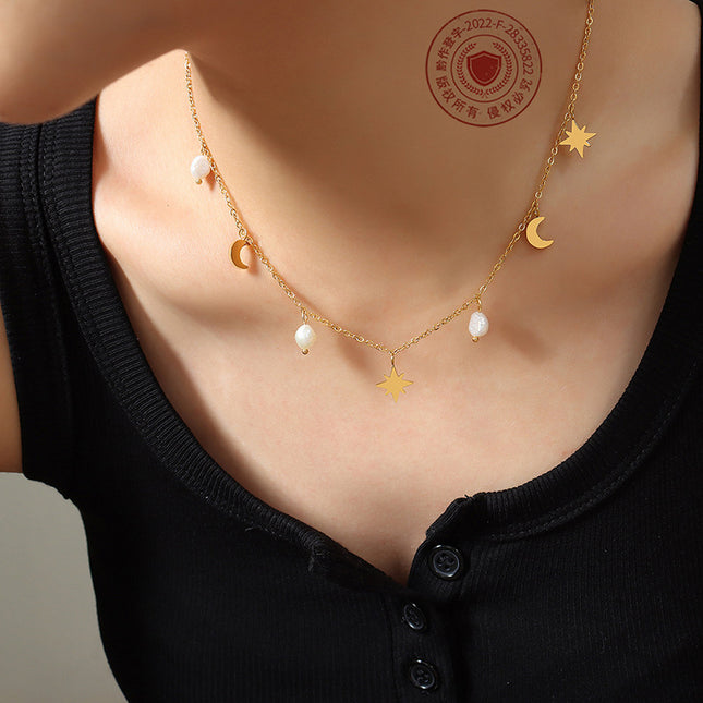European and American ins style versatile stars and moons, natural freshwater pearls, tassels, collarbone necklaces, women's niche light luxury design
