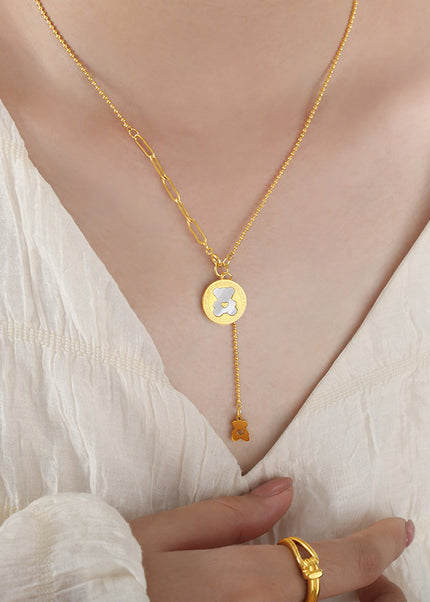 Japanese and Korean small fresh cartoon bear pattern shell tassel niche sweet temperament titanium steel gold-plated necklace women's jewelry