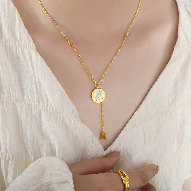 Japanese and Korean small fresh cartoon bear pattern shell tassel niche sweet temperament titanium steel gold-plated necklace women's jewelry