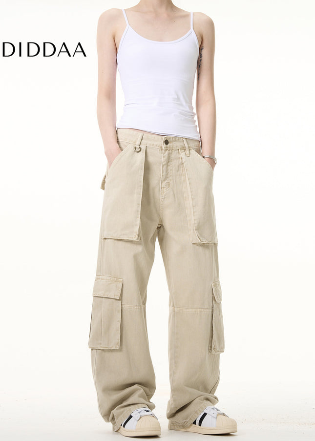 Beige Large Pocket Straight Leg Cargo Pants for Men and Women - Men’s Jeans