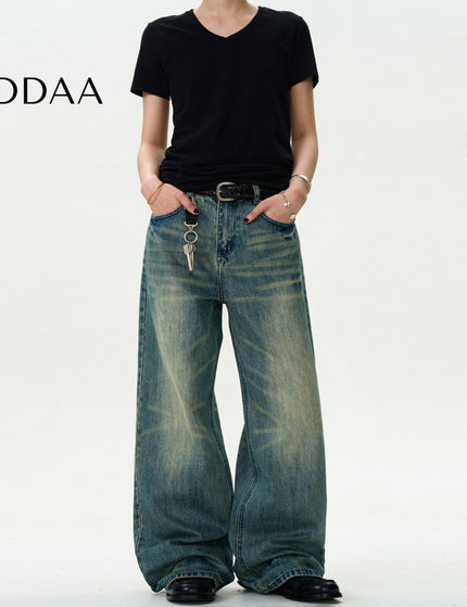 Light Blue Vintage Distressed Wide-Leg Jeans Unisex - S / Dark Blue - Men’s Jeans