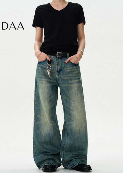 Light Blue Vintage Distressed Wide-Leg Jeans Unisex - S / Dark Blue - Men’s Jeans