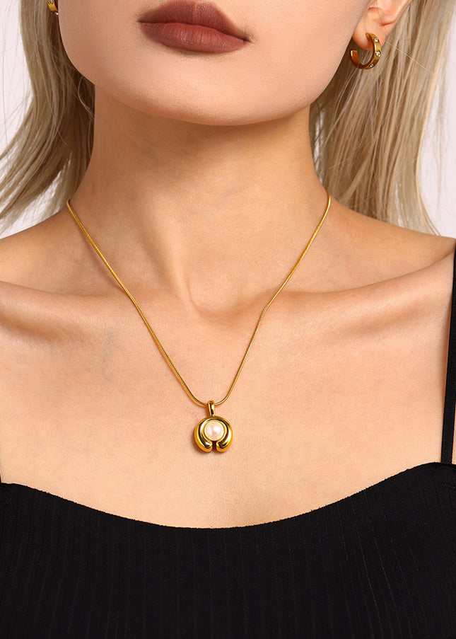 Mi Li stainless steel C-shaped freshwater pearl necklace cross-border new fashion simple electroplating 18K real gold jewelry wholesale
