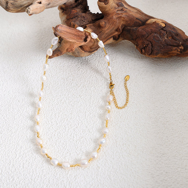 French titanium steel does not fade long romantic freshwater pearl necklace jewelry wholesale spacer steel beads beaded necklace women