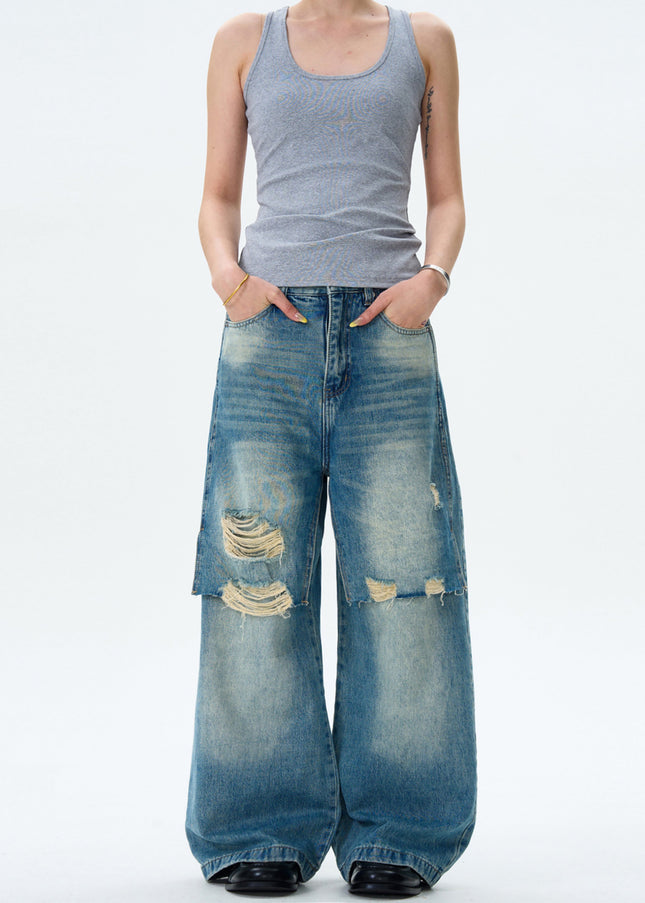 Blue Double Patch Ripped Jeans for Men and Women - Men’s Jeans