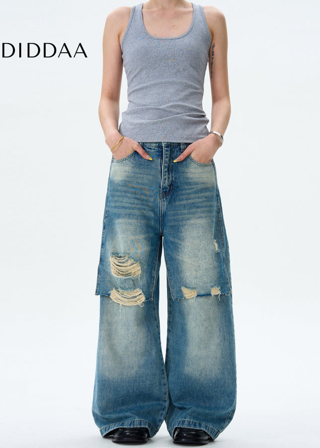 Blue Double Patch Ripped Jeans for Men and Women - S / Mid Blue - Men’s Jeans