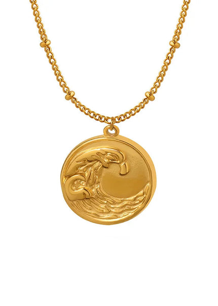 Niche design cold ins trend titanium steel plated 18K gold clavicle chain coin embossed wave pattern pendant necklace