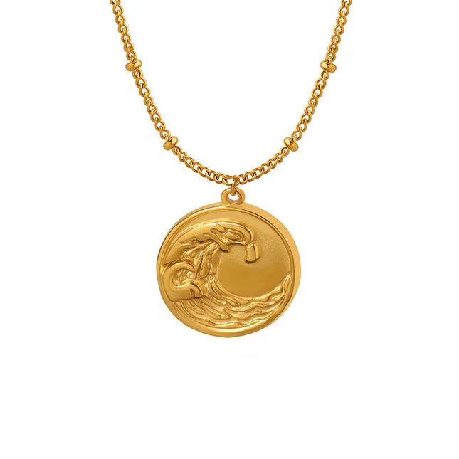 Niche design cold ins trend titanium steel plated 18K gold clavicle chain coin embossed wave pattern pendant necklace