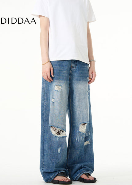 Blue Loose Fit Ripped Jeans with Retro Distressed Style - Men’s Jeans