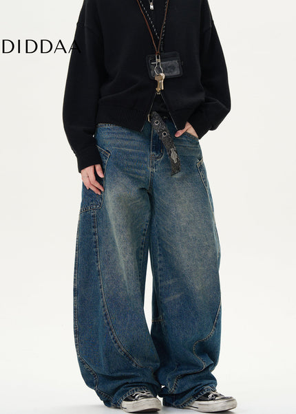 Blue Loose Fit Deconstructed Wide Leg Jeans - Men’s Jeans