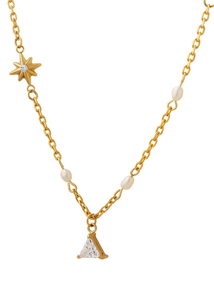 Korean tide geometric Mangxing triangle pendant necklace inlaid with zircon freshwater pearl stitched chain personalized jewelry