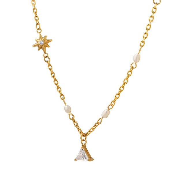Korean tide geometric Mangxing triangle pendant necklace inlaid with zircon freshwater pearl stitched chain personalized jewelry