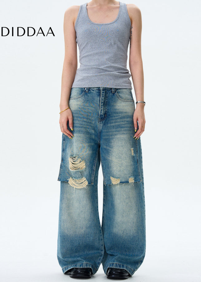 Blue Double Patch Ripped Jeans for Men and Women - Men’s Jeans