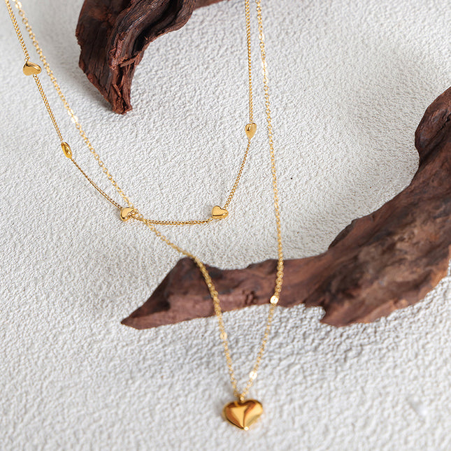 Japanese and Korean love peach heart double-layer chain simple titanium steel wholesale jewelry does not fade girls niche necklace clavicle chain