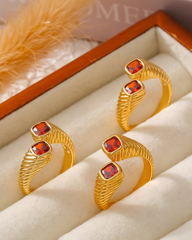 Retro European and American style geometric red zircon ring opening does not fade index finger ring light luxury cold wind copper material jewelry