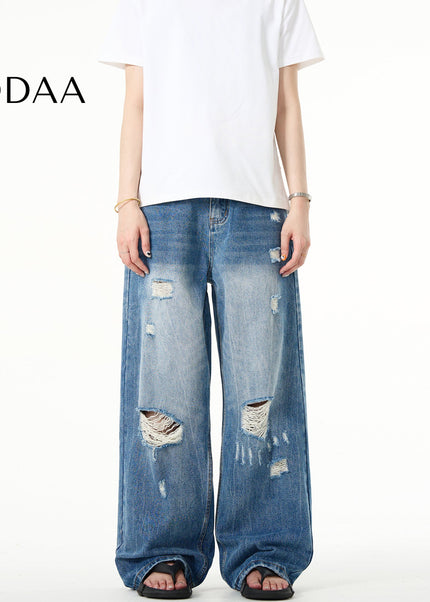 Blue Loose Fit Ripped Jeans with Retro Distressed Style - S / Mid Blue - Men’s Jeans